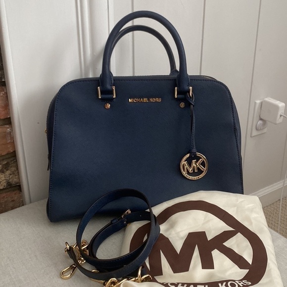 Michael Kors Navy Blue Coated Leather Satchel Handled Crossbody - Picture 1 of 11